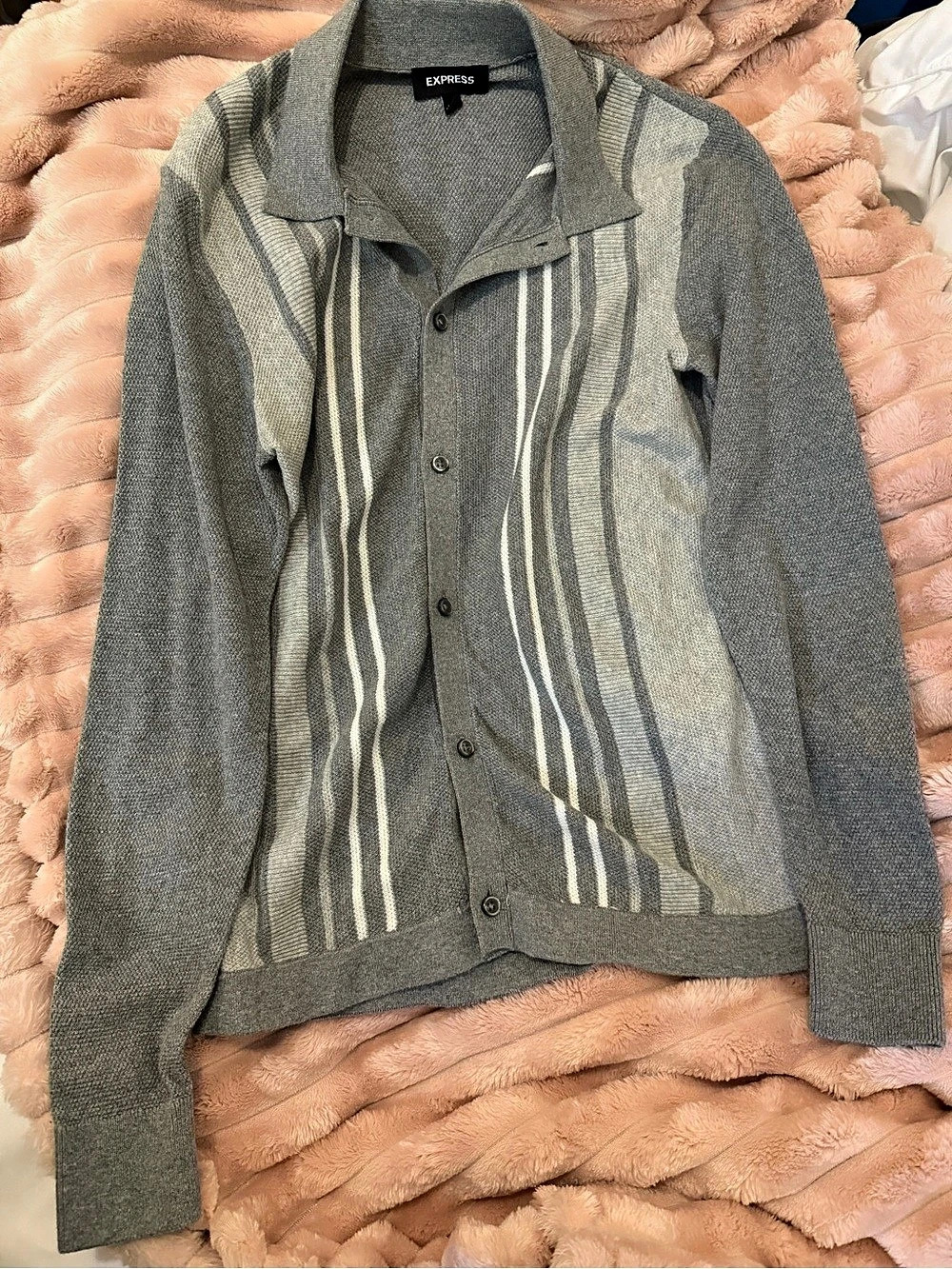 Express Men's Striped Cardigan in Gray & White Like New
